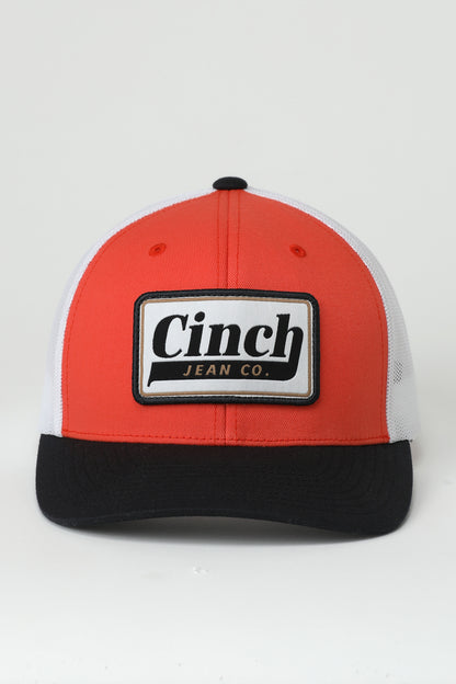 Orange and Black Cinch ball cap on a white background