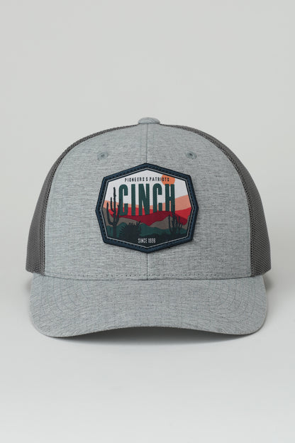 Gray cap with a Cinch logo on a light gray background