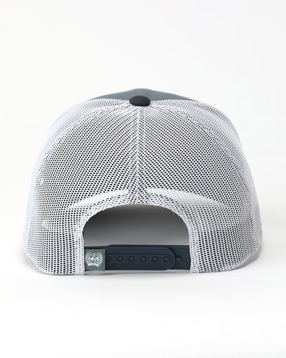 The back view of a Cinch hat featuring a white mesh back, a dark gray fabric crown, and a black adjustable snap closure.