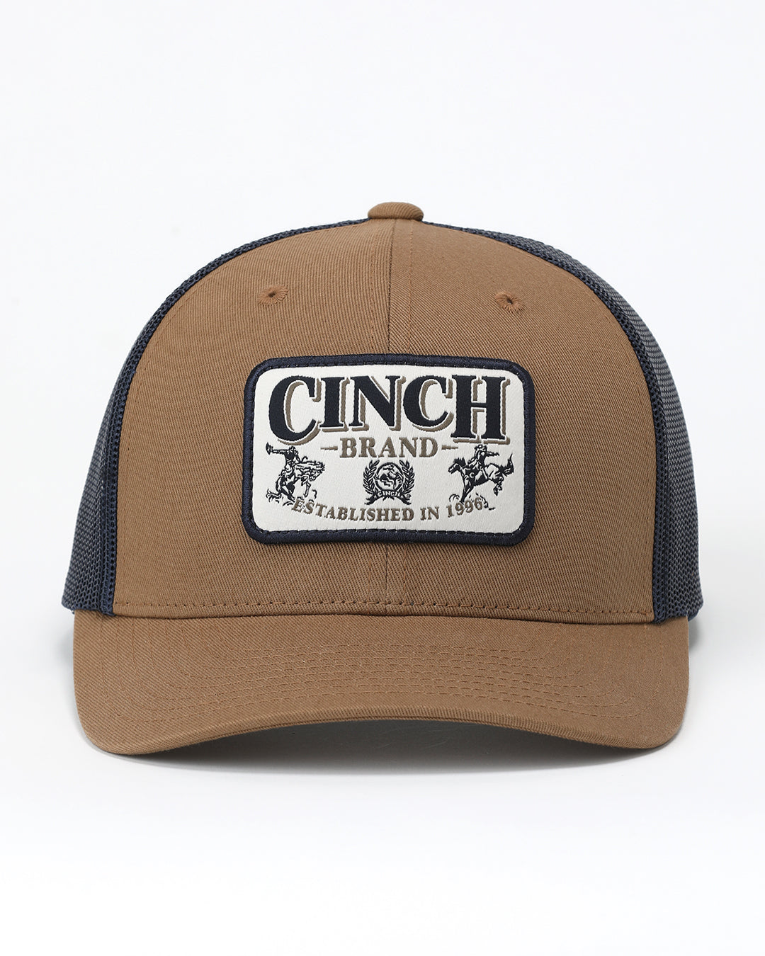 brown and blue Cinch brand baseball cap on a white background