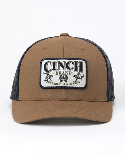 brown and blue Cinch brand baseball cap on a white background