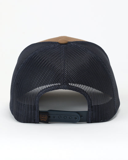 back of a Cinch baseball cap that is navy blue on a white background