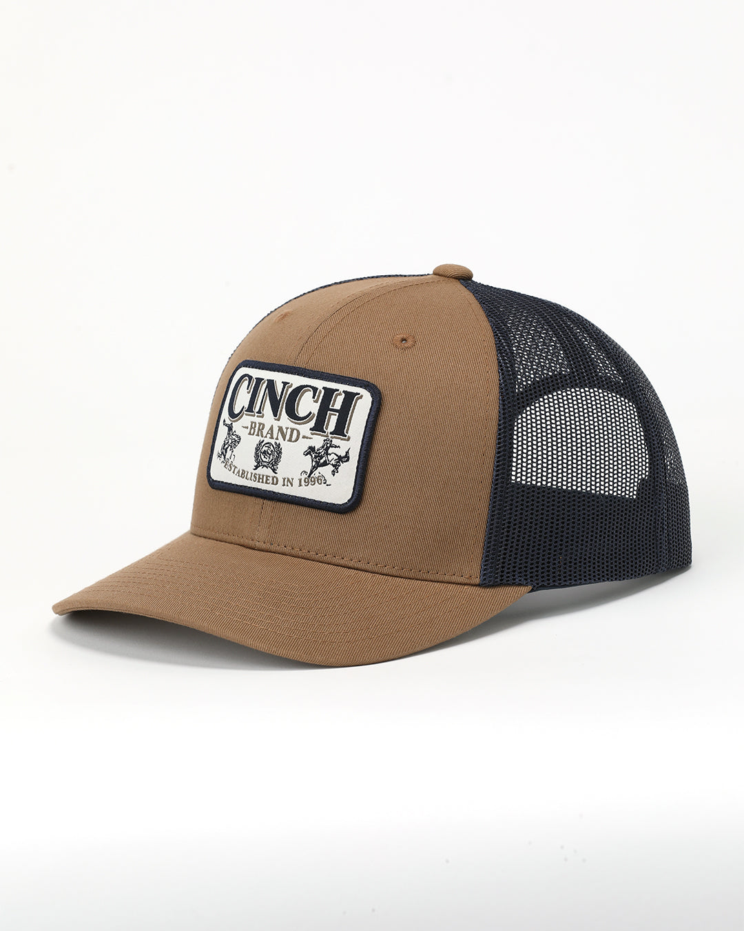 brown and blue Cinch brand baseball cap on a white background