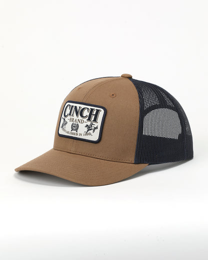 brown and blue Cinch brand baseball cap on a white background