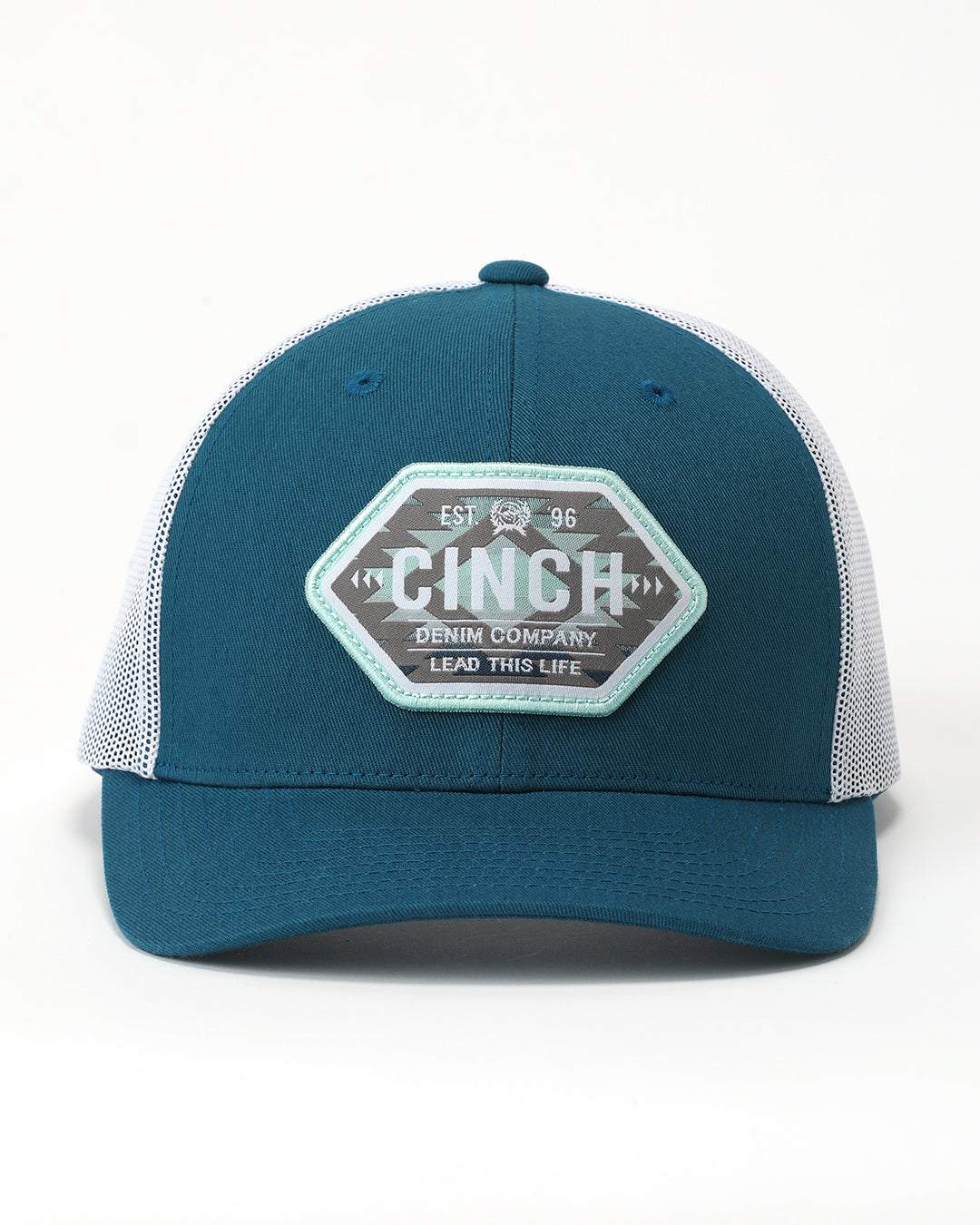 Teal and white Cinch cap on a white background