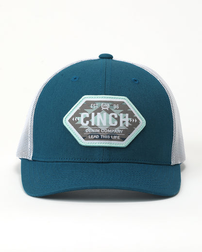 Teal and white Cinch cap on a white background