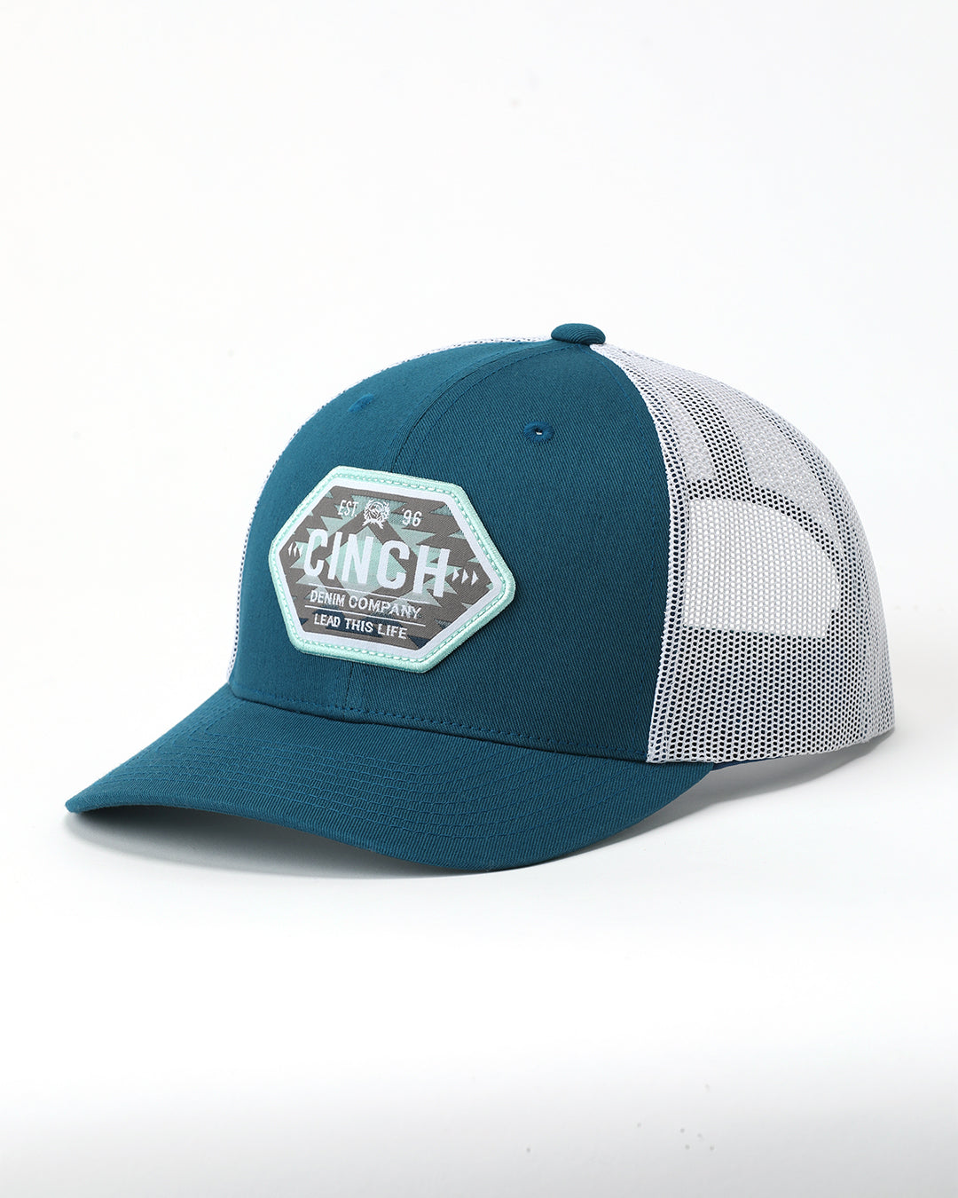 Teal and white Cinch cap on a white background