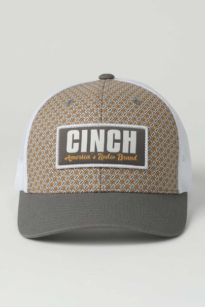 Trucker hat with 'Cinch' logo on a light gray background