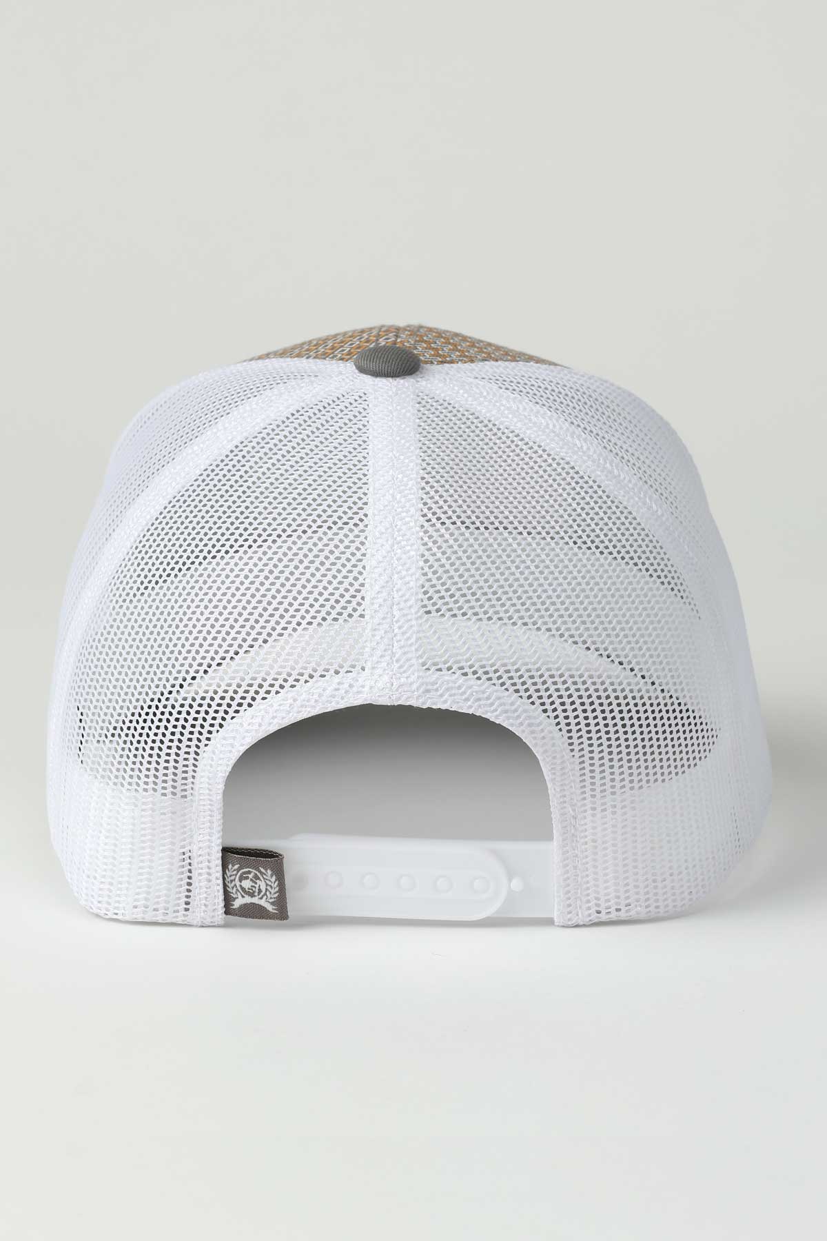 White mesh cap with a small logo on a light gray background