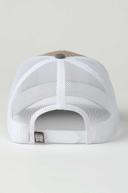 White mesh cap with a small logo on a light gray background