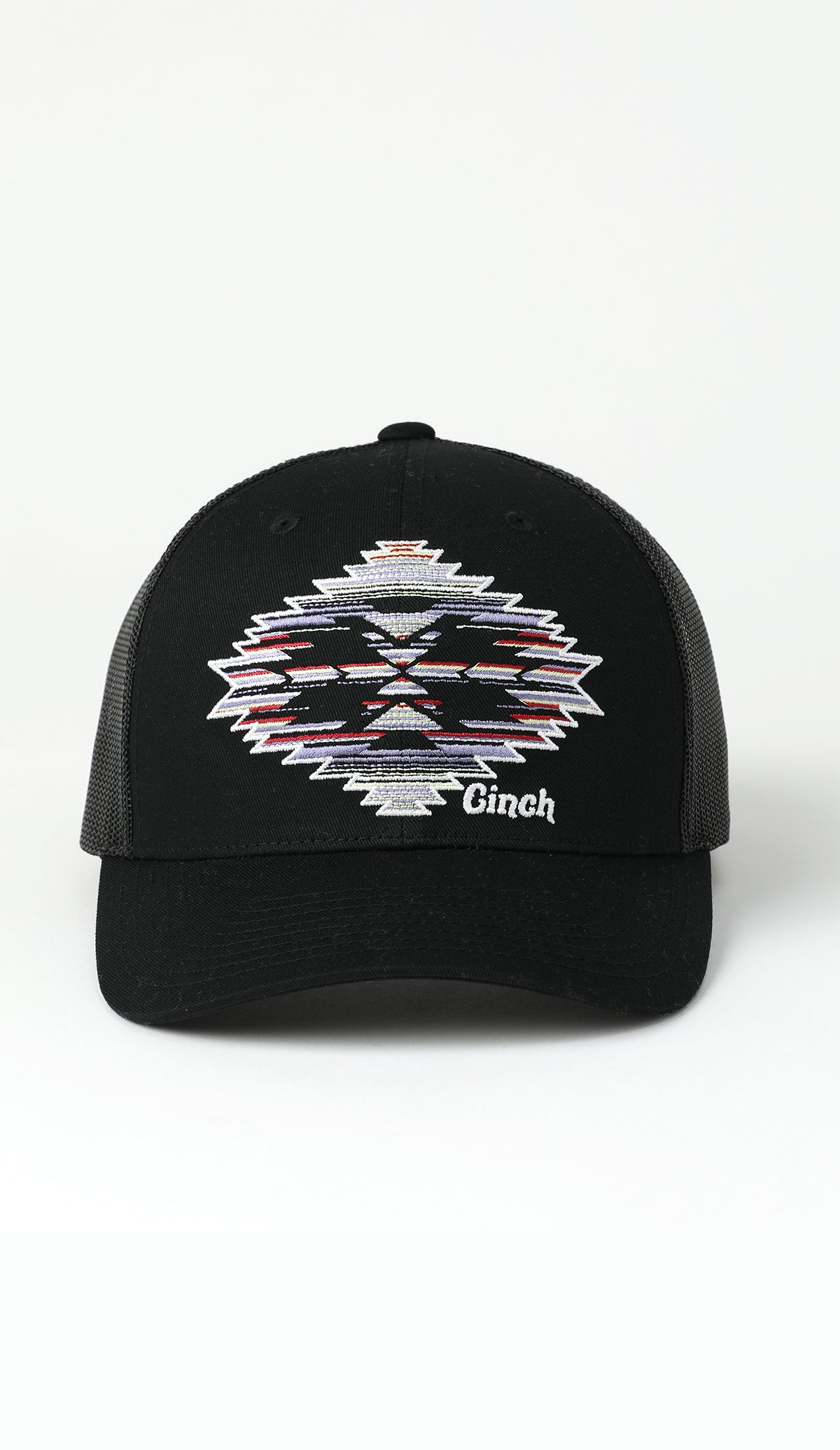 Black cap with geometric pattern and 'Cinch' branding on a white background
