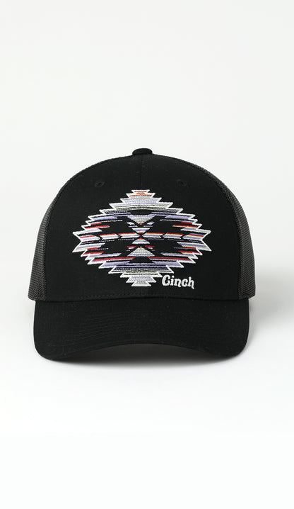 Black cap with geometric pattern and 'Cinch' branding on a white background