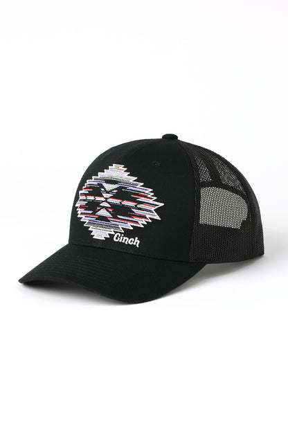 Black cap with geometric pattern and Cinch brand logo on a white background