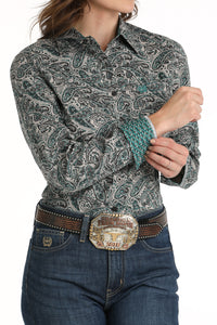 Teal & Grey Paisley Stretch Women's Shirt by Cinch®