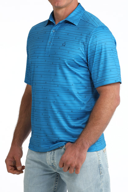 man wearing a Blue Cinch shirt and blue jeans on a white background