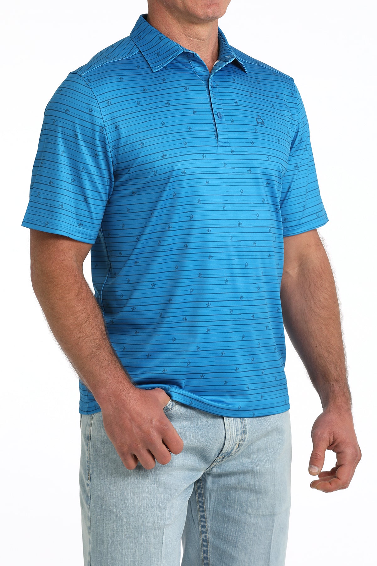 man wearing a Blue Cinch shirt and blue jeans on a white background