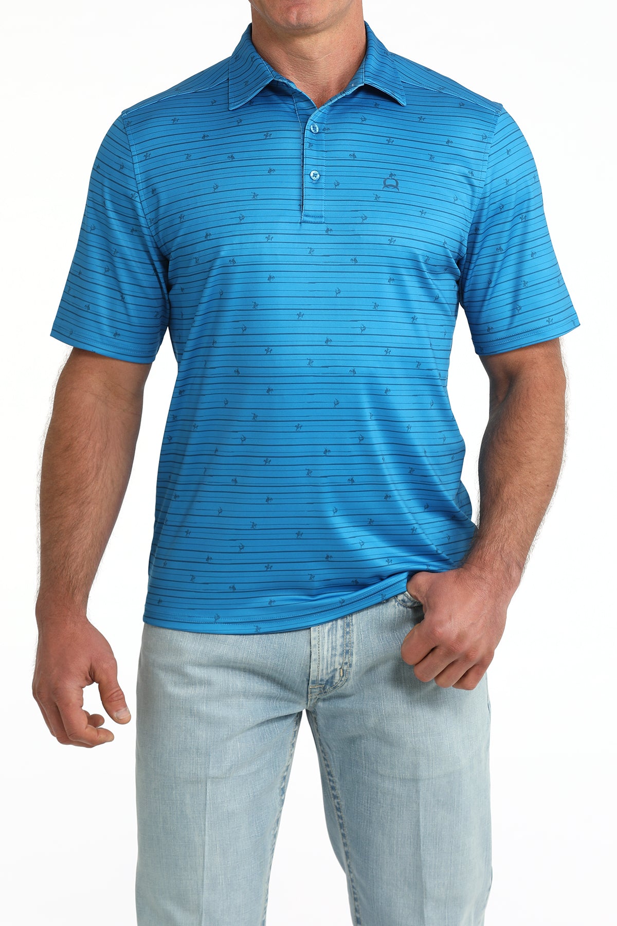 man wearing a Blue Cinch shirt and blue jeans on a white background