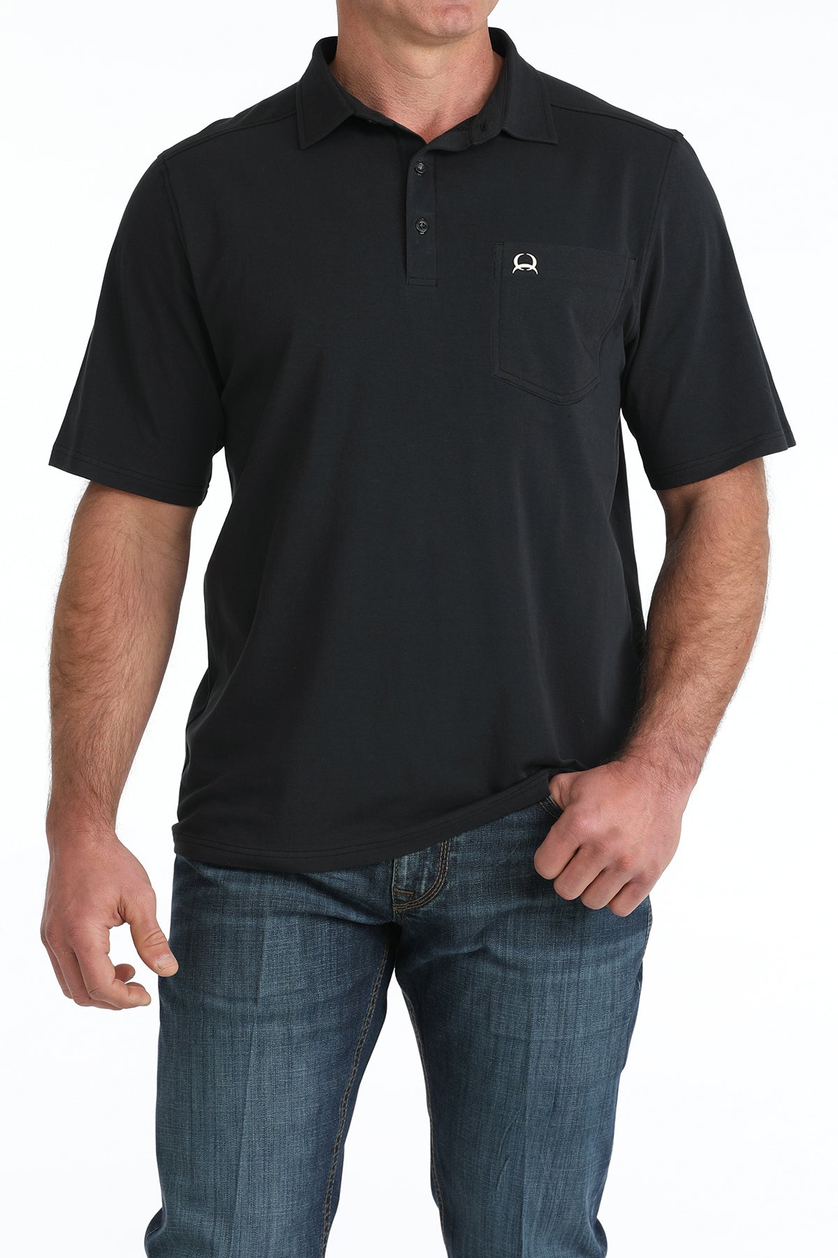 Man wearing a black cinch polo shirt with a logo on a white background