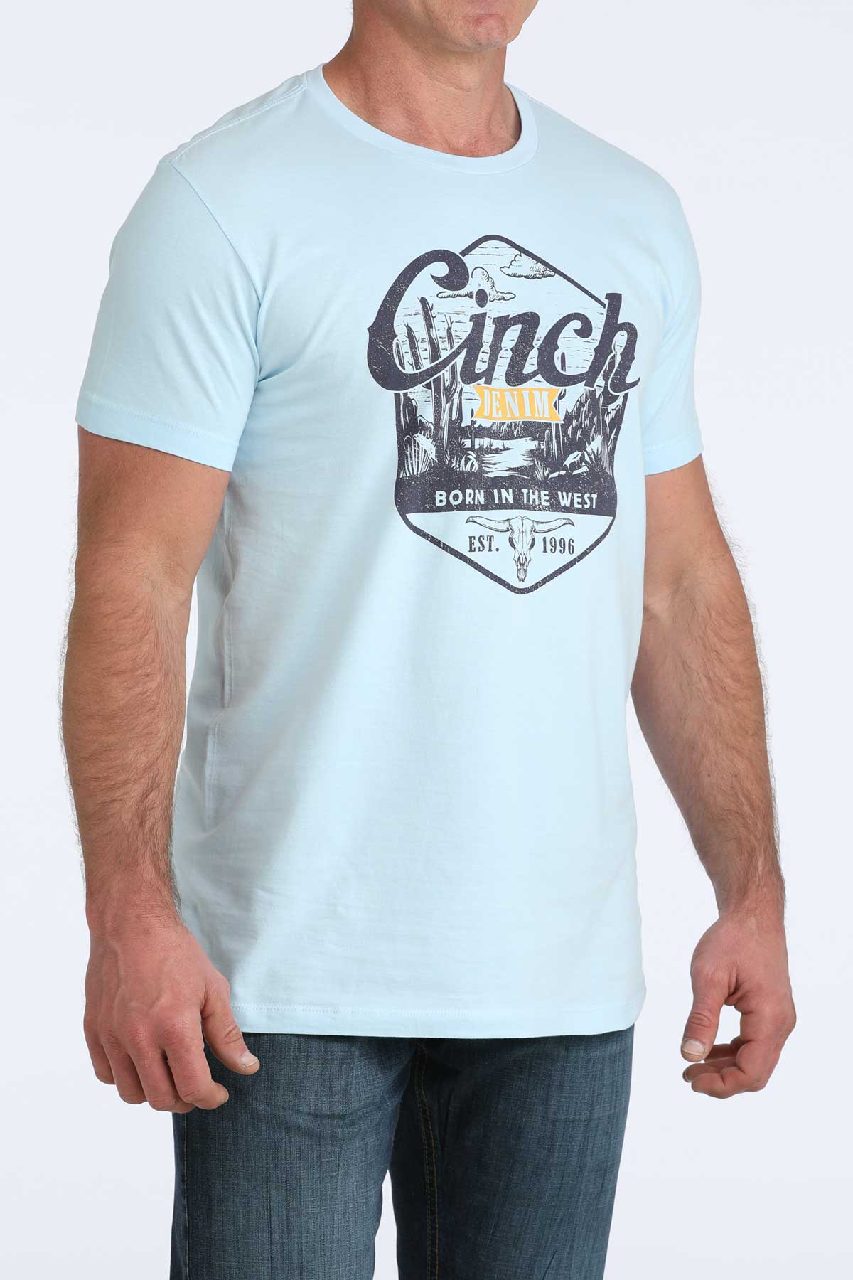 Light blue t-shirt with graphic design on a white background