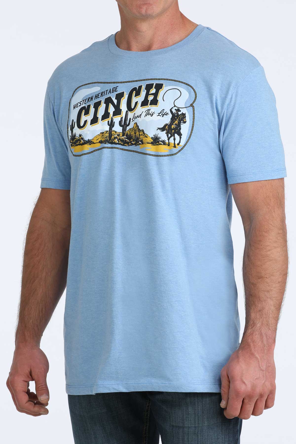 Light blue t-shirt with graphic design on a white background