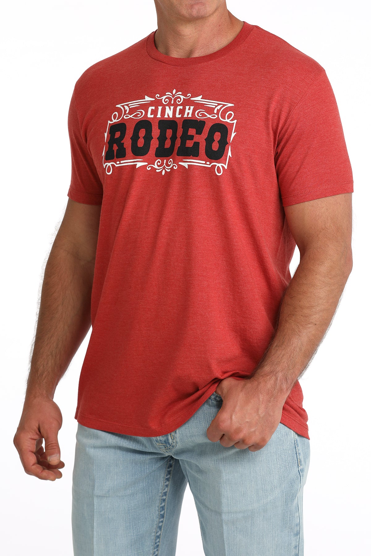 men wearing a red Cinch rodeo Shirt with blue jeans on a white background