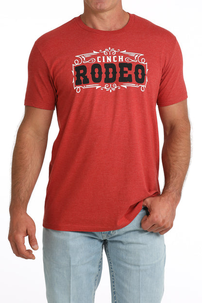 men wearing a red Cinch rodeo Shirt with blue jeans on a white background