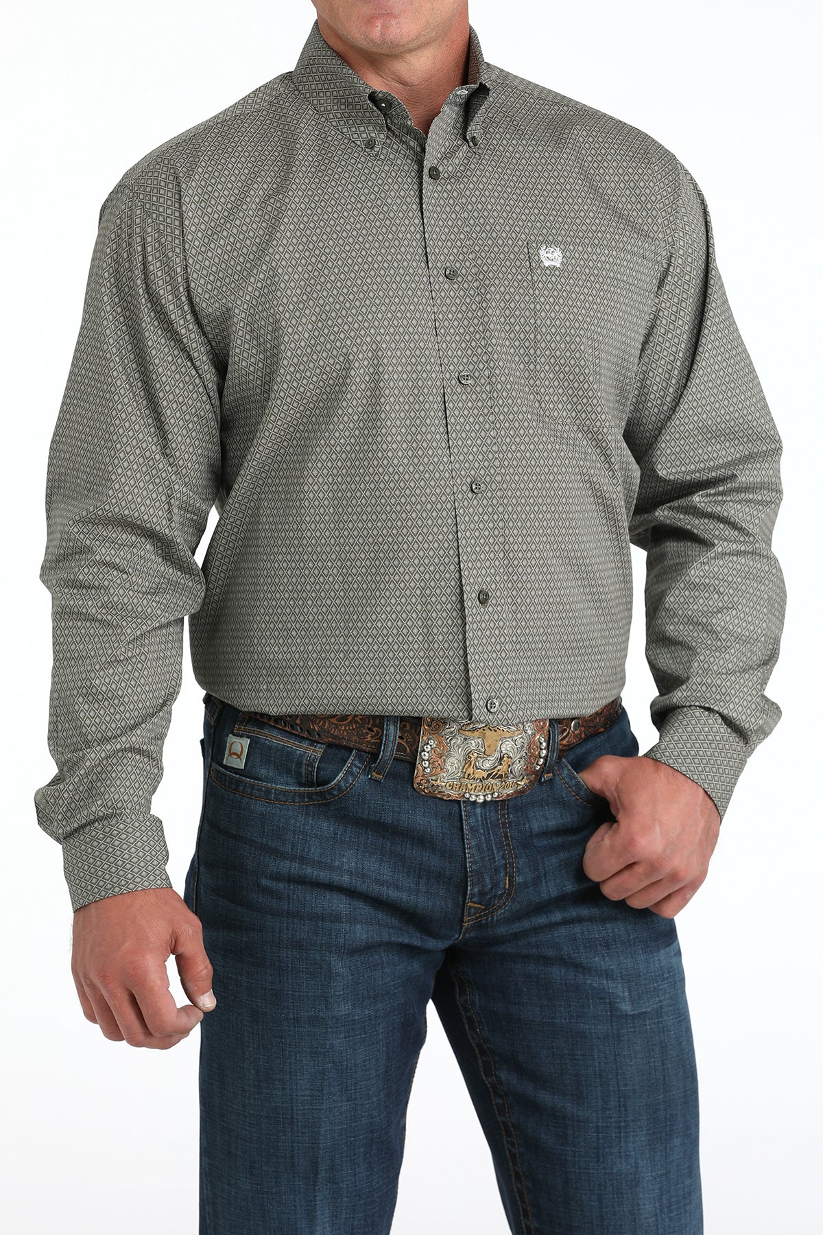 Olive Diamond Print Classic Fit Men's Shirt by Cinch®
