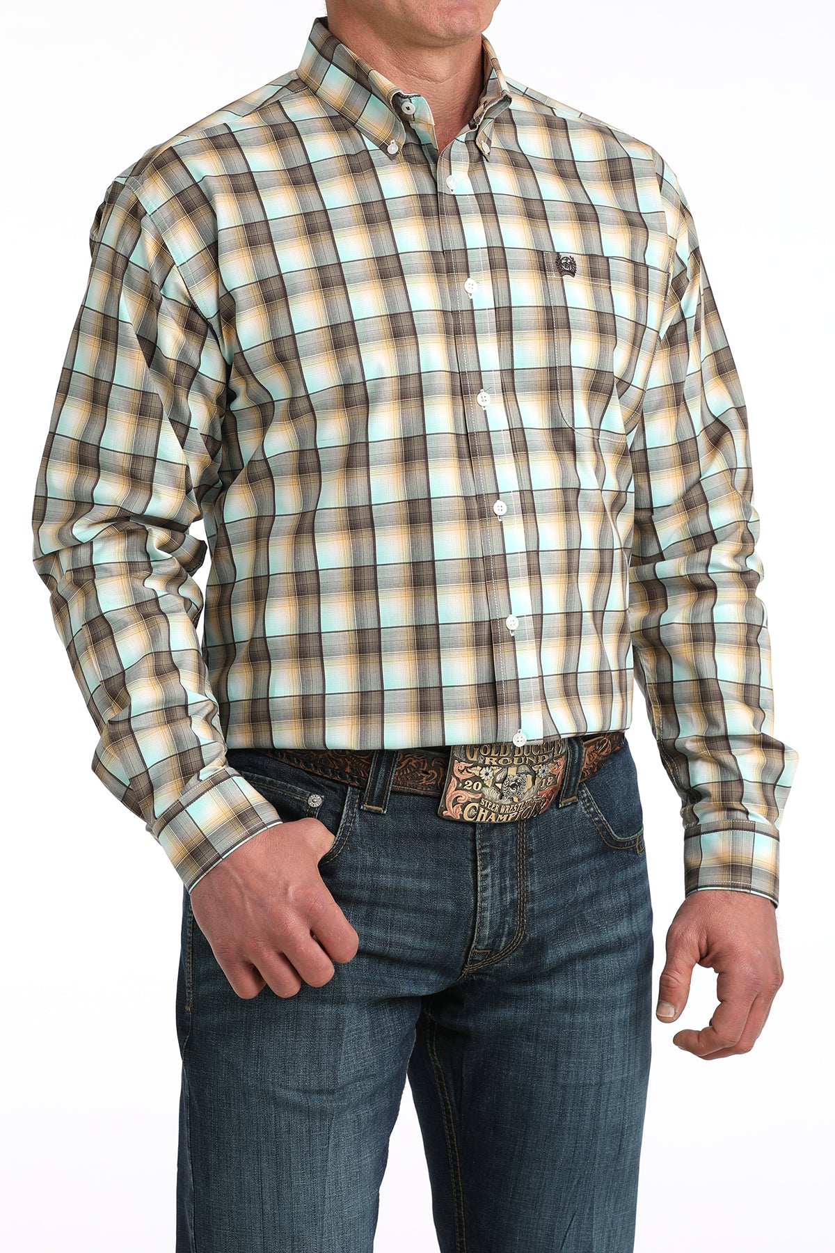 Man wearing a plaid 'Cinch' shirt and jeans on a white background