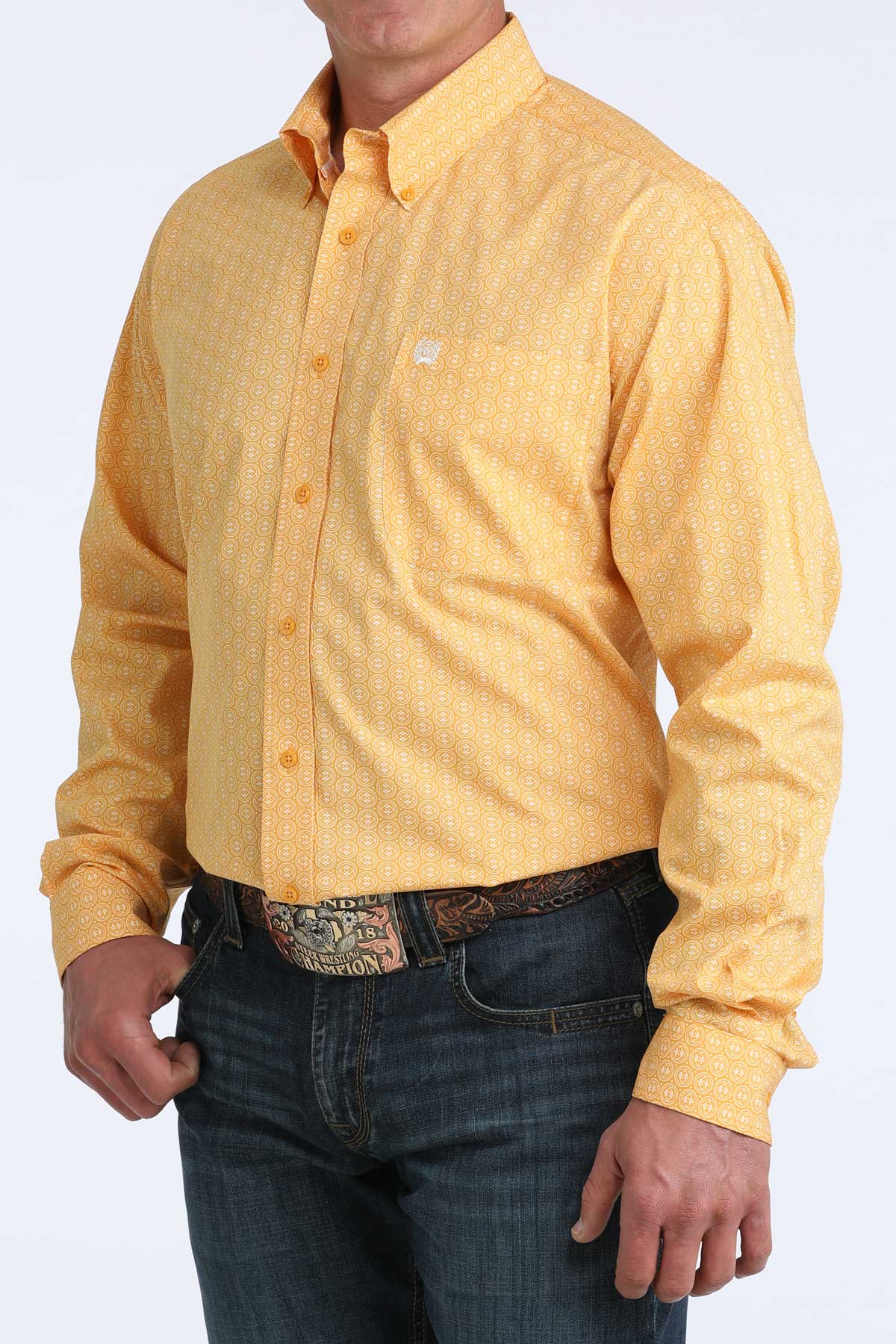 Yellow button-up cinch shirt worn by a man on a white background