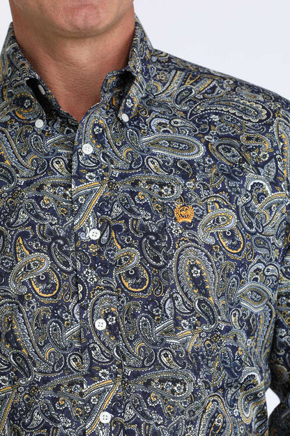 Close-up of a paisley cinch shirt with a focus on the collar and buttons.