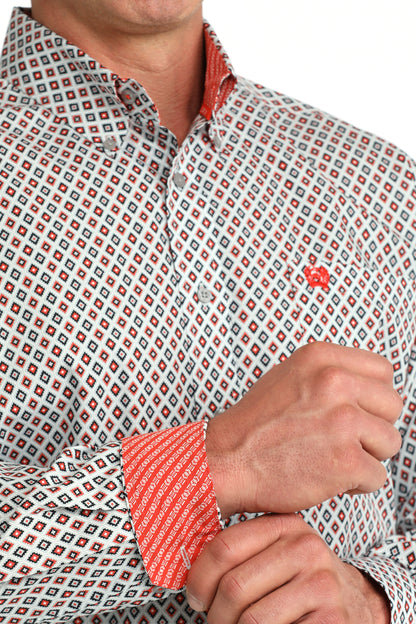 man wearing a grey and red Cinch shirt on a white background