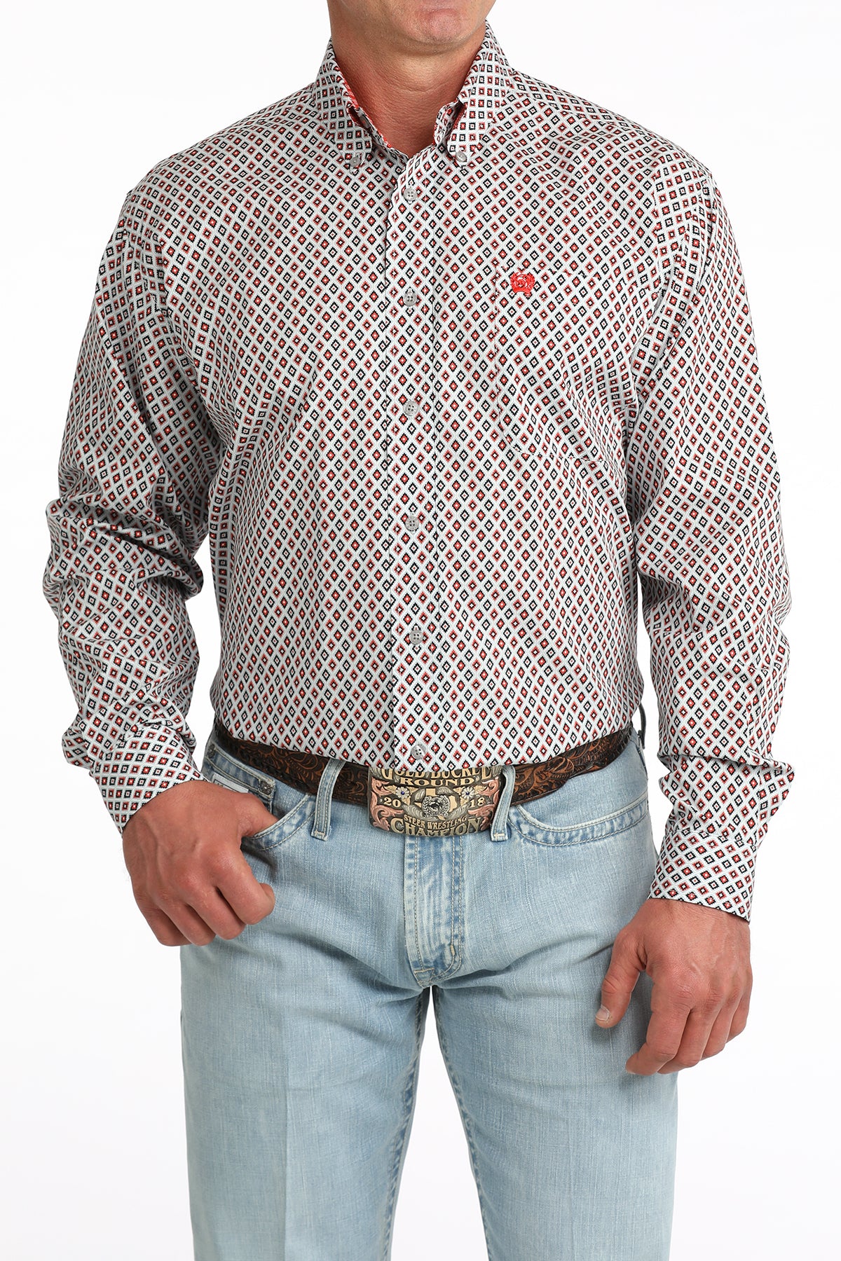 man wearing a grey and red Cinch shirt and blue jeans on a white background