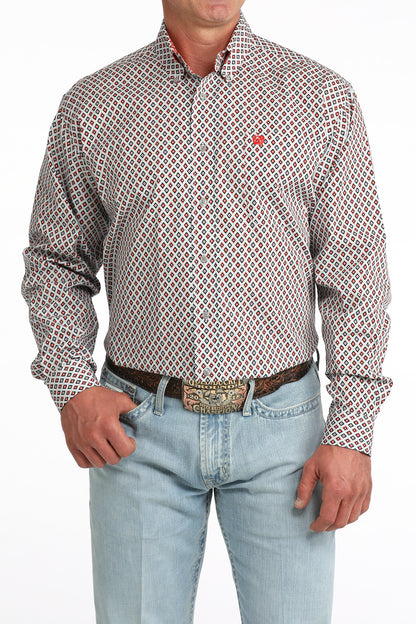 man wearing a grey and red Cinch shirt and blue jeans on a white background