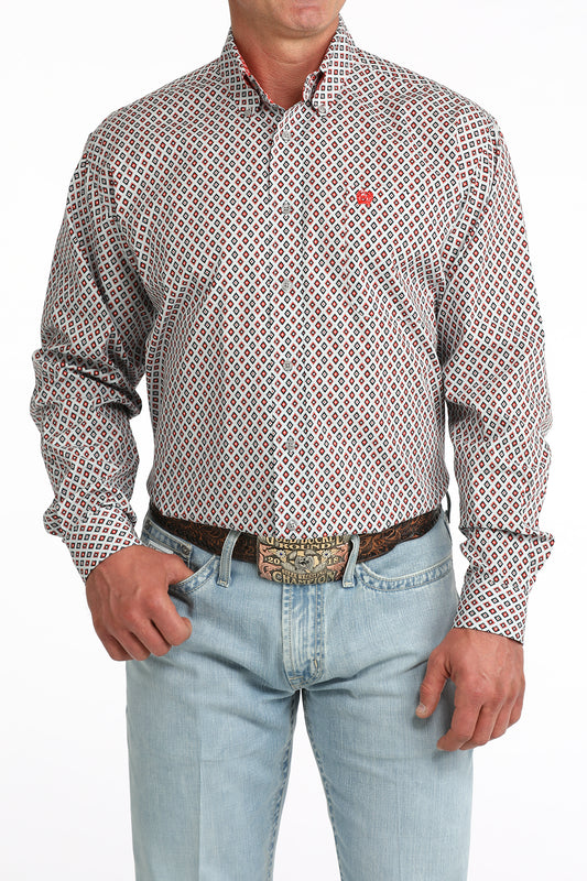 man wearing a grey and red Cinch shirt and blue jeans on a white background