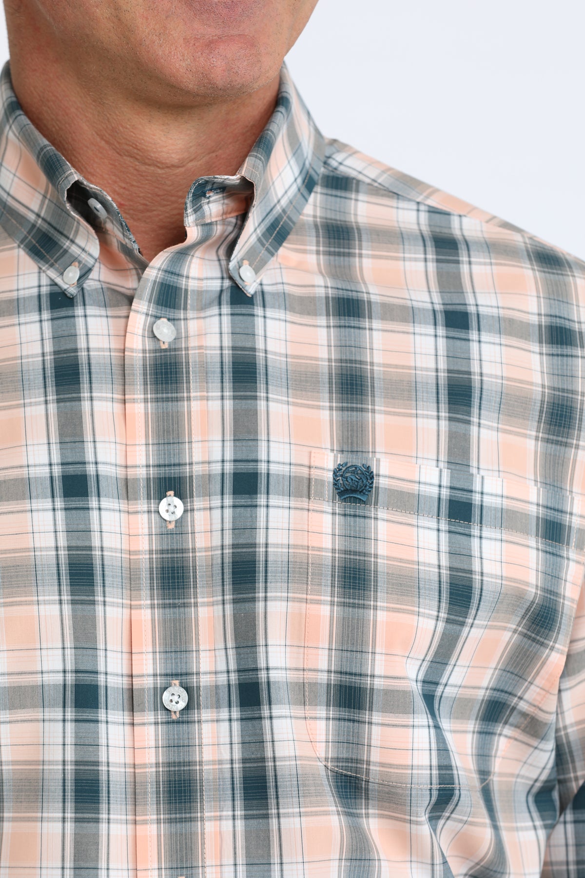 Close-up of a person wearing a plaid Cinch shirt with a neutral background