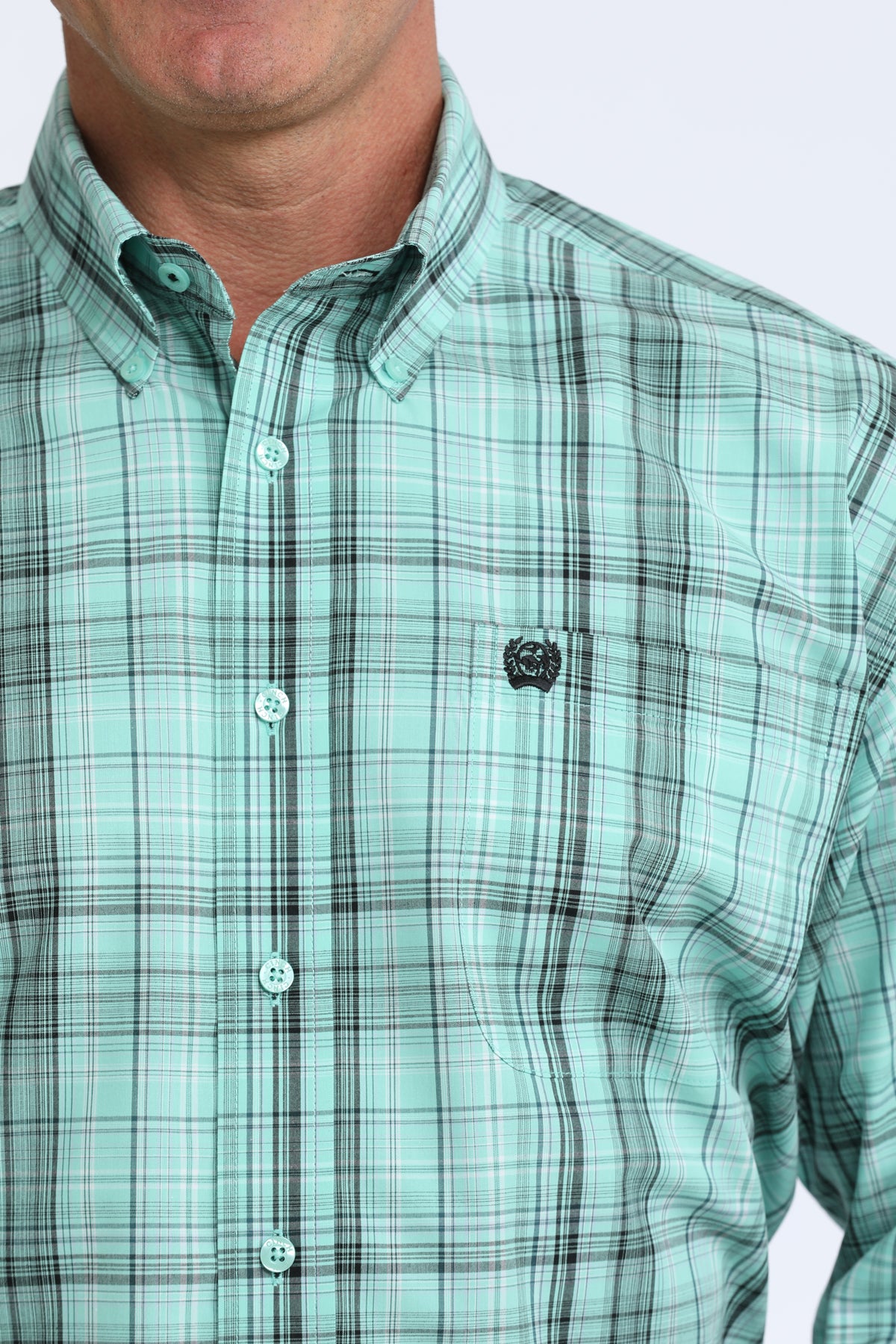 Green plaid Cinch shirt with a brand logo on a white background
