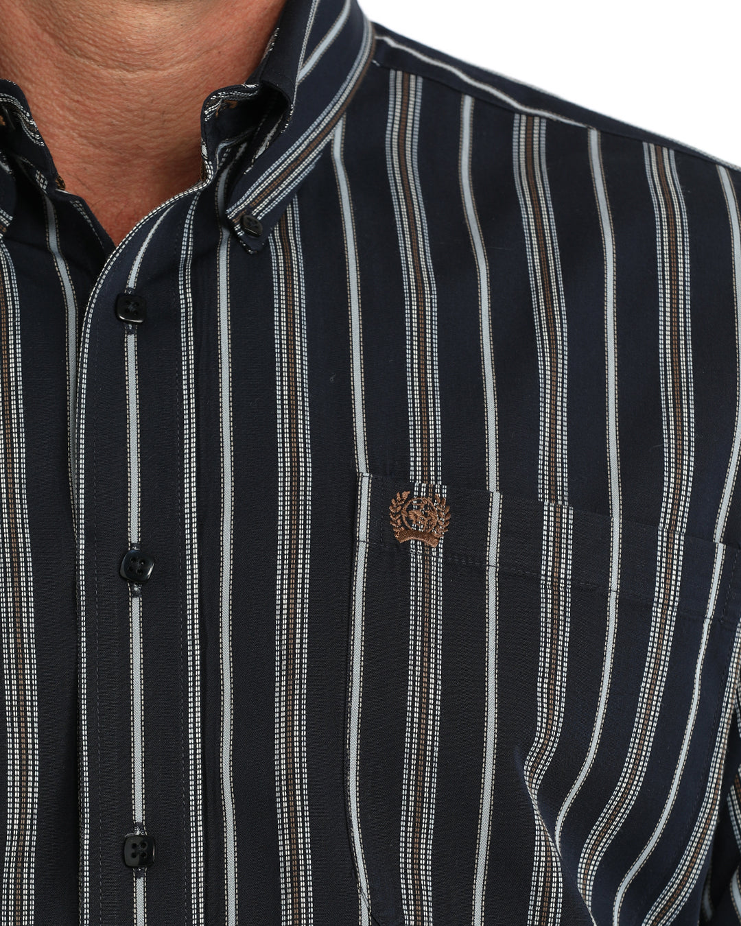 man wearing a navy stripe Cinch shirt on a white background