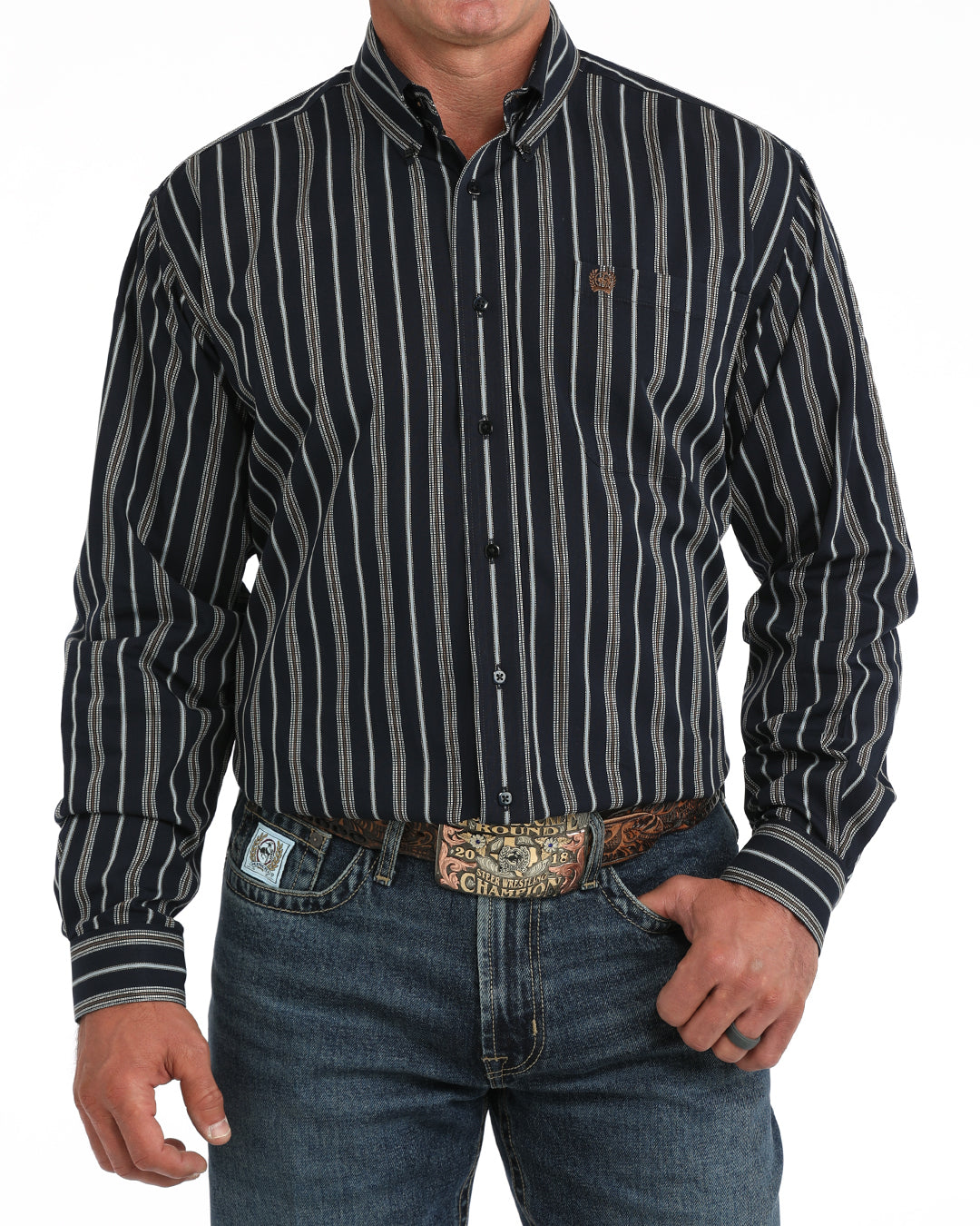 man wearing a navy stripe Cinch shirtand blue jeans on a white background