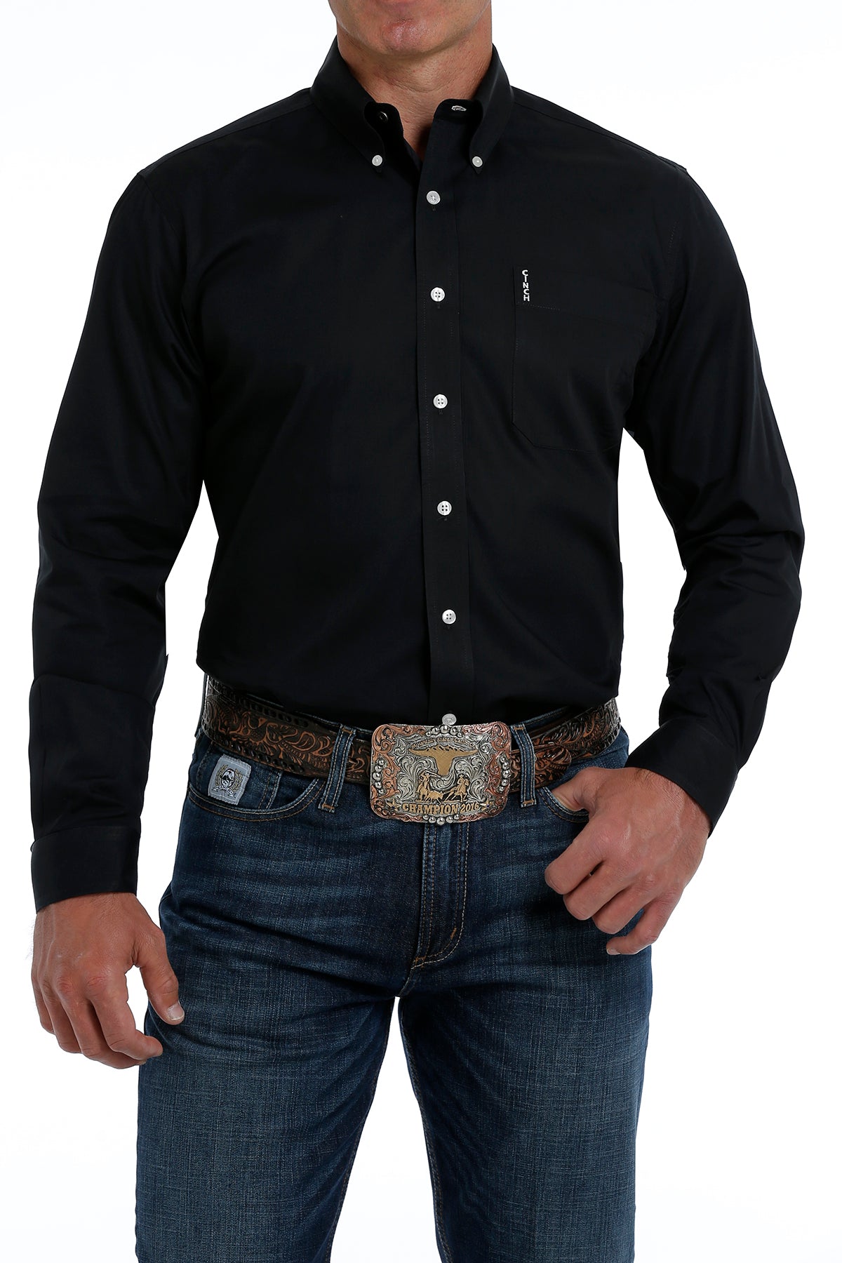 Navy Cinch button-up shirt worn by a person with jeans and a belt on a white background