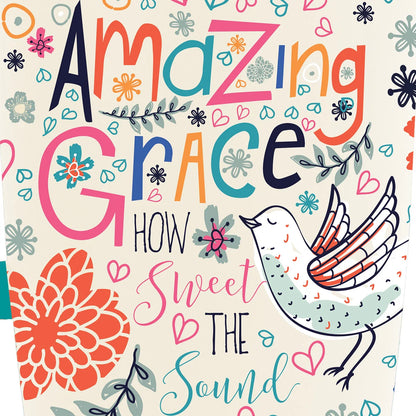 A decorative water bottle from Kerusso featuring the title 'Amazing Grace How Sweet The Sound' in large multicolored lettering, surrounded by hand-drawn flowers, hearts, leaves, and a white bird with orange wing details on a cream background.