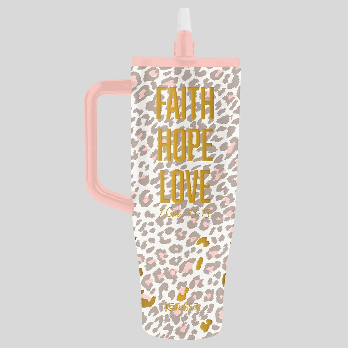 Kerusso tavel mug with 'Faith, Hope, Love' written on it