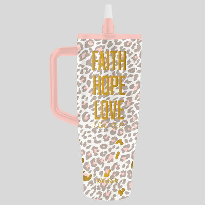 Kerusso tavel mug with 'Faith, Hope, Love' written on it