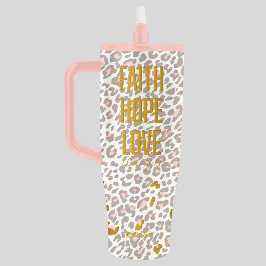 Kerusso tavel mug with 'Faith, Hope, Love' written on it