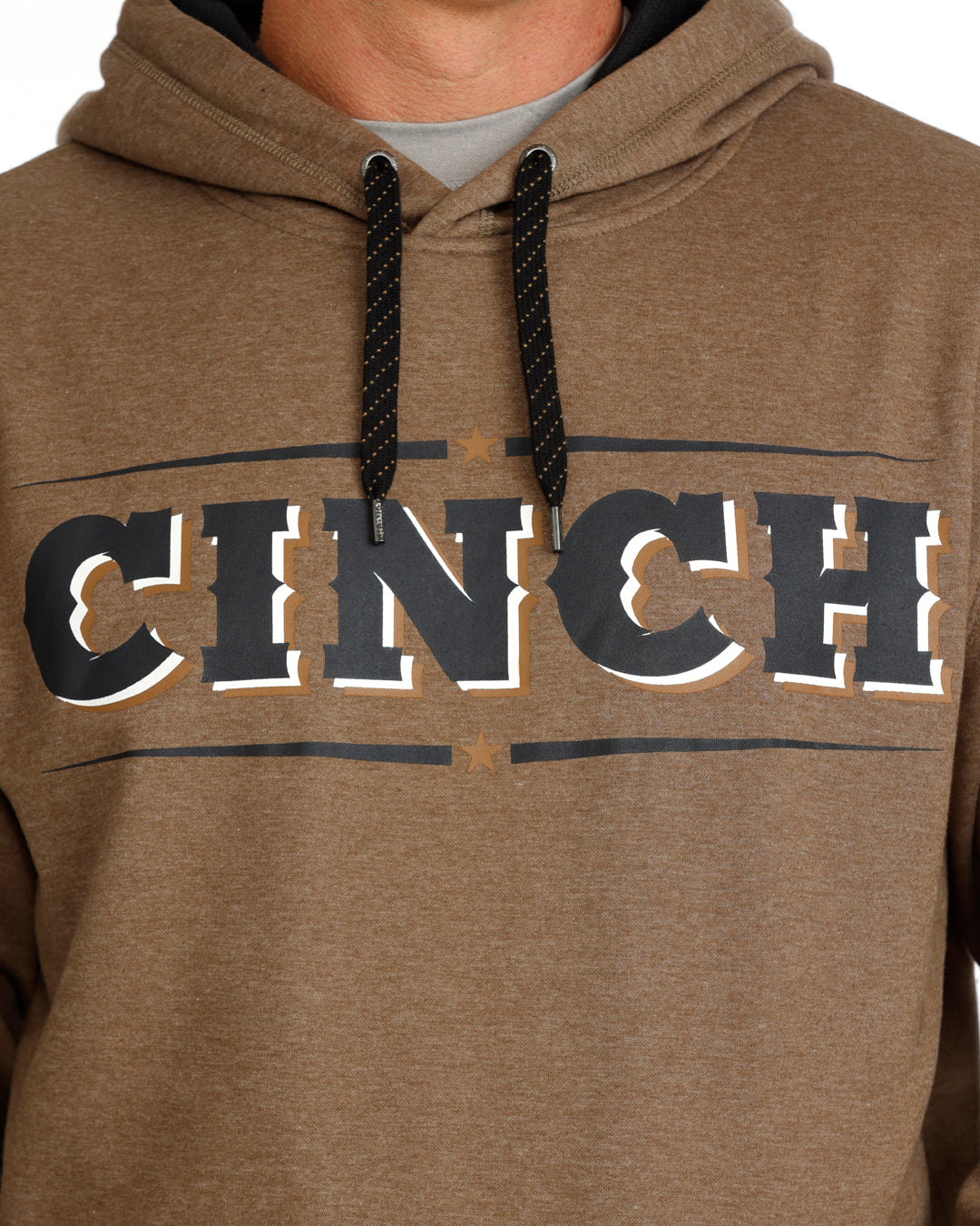 Brown hoodie with 'CINCH' logo on a white background