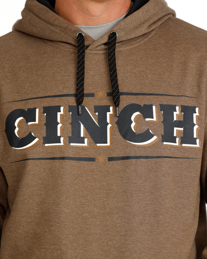 Brown hoodie with 'CINCH' logo on a white background