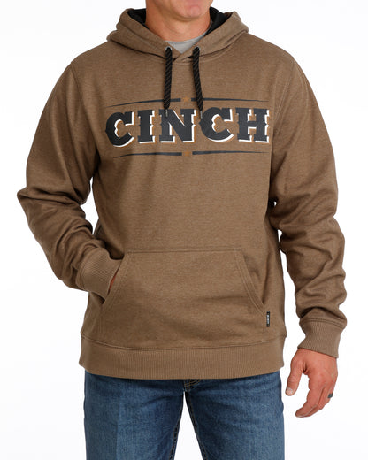 Brown hoodie with 'CINCH' logo worn by a person on a white background