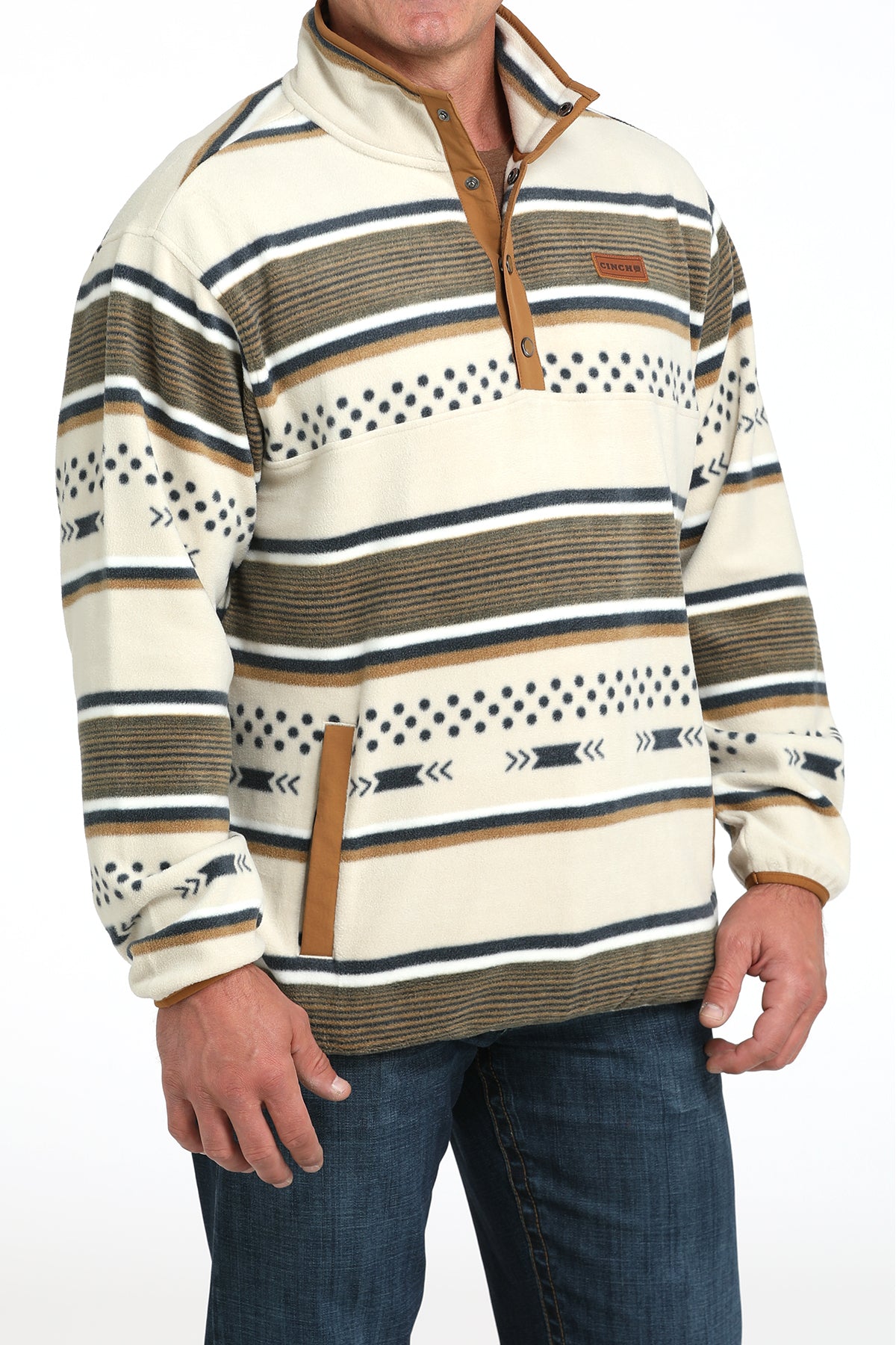 Cream & Tan Striped Polar Fleece Men's Sweater by Cinch®