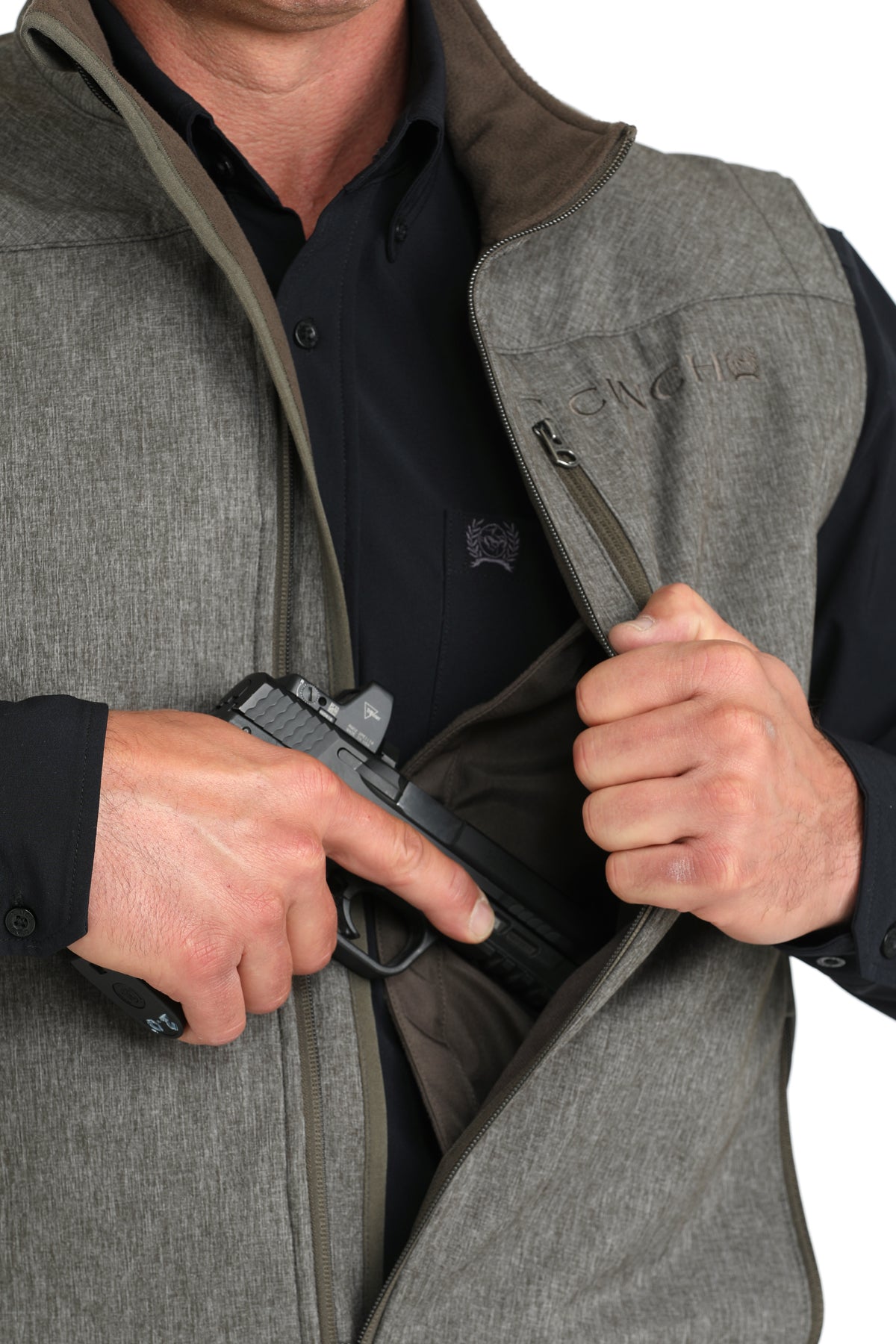 Man wearing Grey Cinch vest on a white background