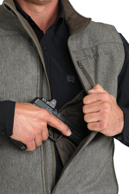 Man wearing Grey Cinch vest on a white background