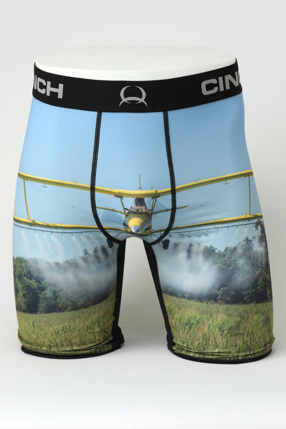 Cinch Boxer briefs with a printed design of a plane over a field on a white background